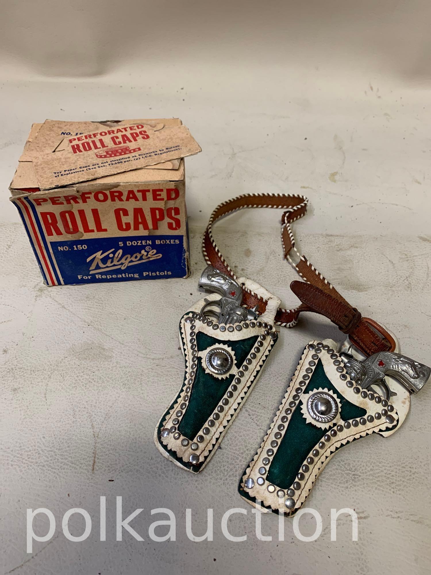 258-VINTAGE CAP GUNS WITH HOLSTERS & CASE OF ROLL CAPS: .