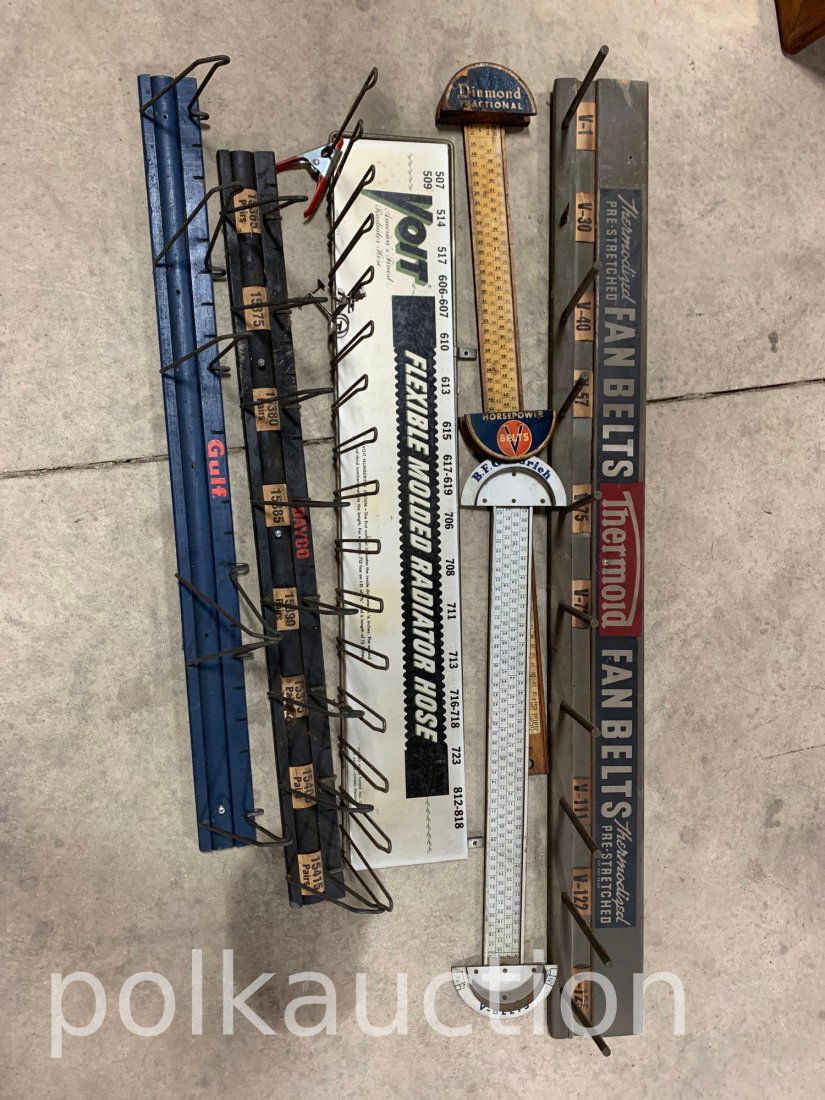 385-VINTAGE BELT DISPLAY, MEASURING TOOLS, HOSE DISPLAYS (1 of 1)