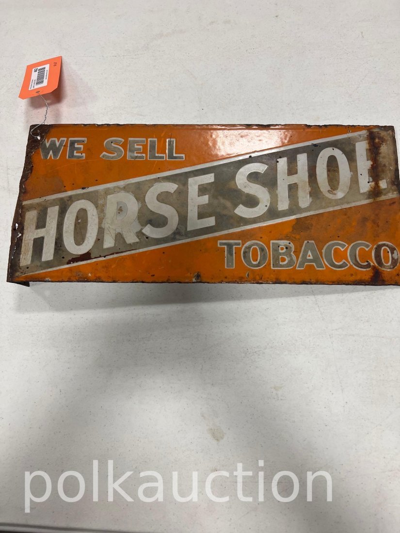 462-HORSESHOE TOBACCO DOUBLE SIDED SIGN: FLANGED PORCELAIN 18in.x 8in.