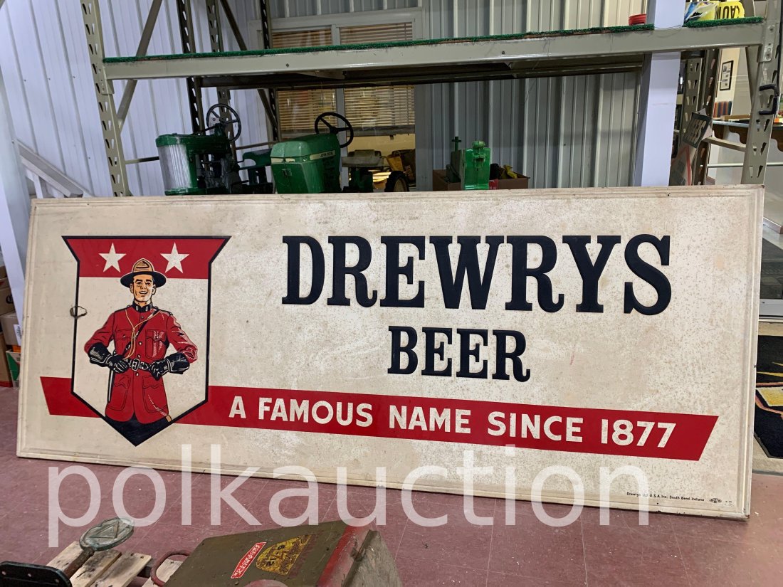 618-DREWRY'S BEER SIGN: SINGLE SIDED, TIN, 118in.X 46in., SOUTH BEND, INDIANA NO SHIPPING, PICK UP ONLY