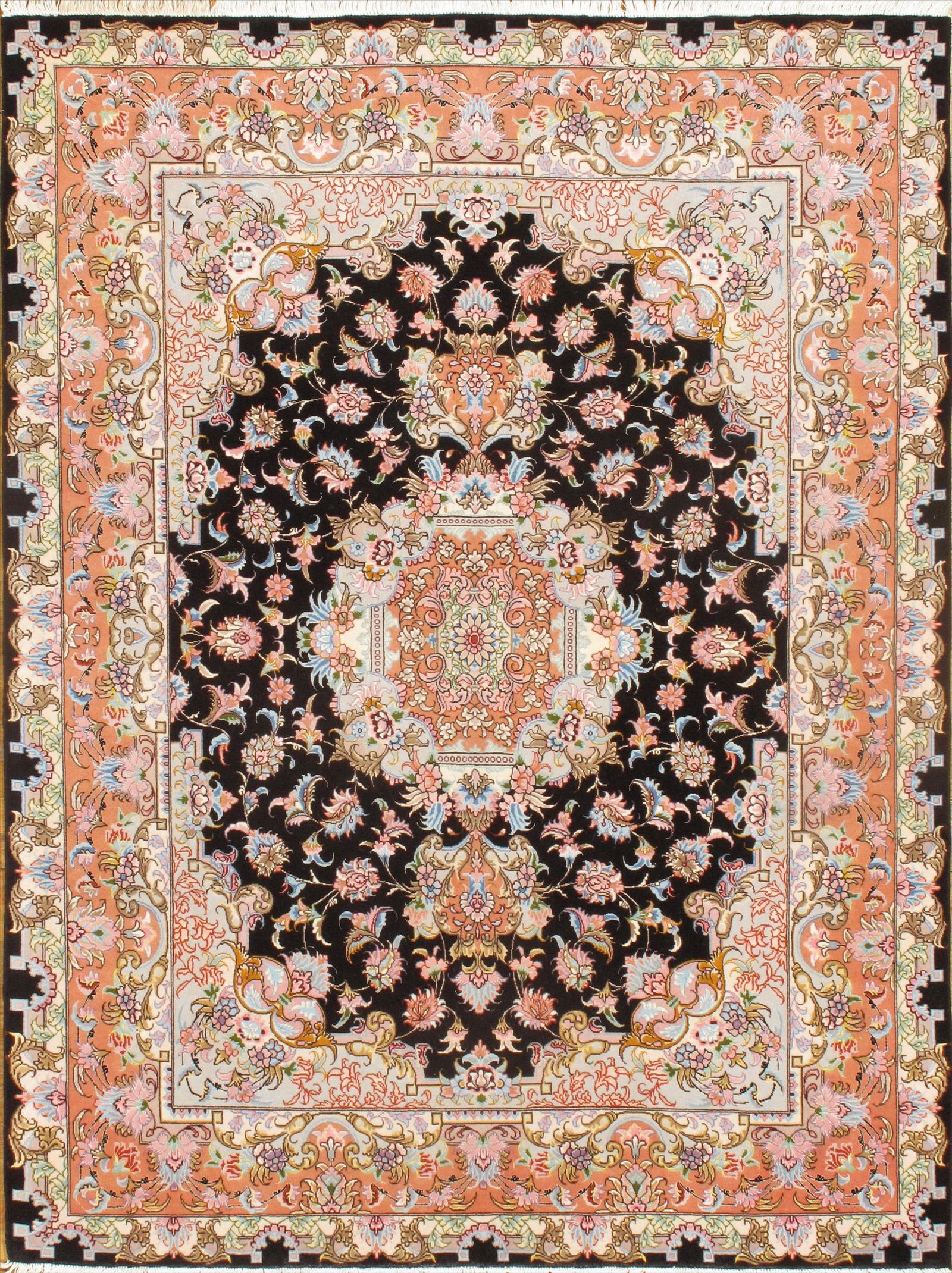 Fine Persian Black Tabriz silk & wool rug 5' X 6'7": Persian Black Tabriz rug 5' X 6'7'' - Traditional - New - Hand-Knotted - Wool & Silk - 300-E03776-862. This item is part of our fine auction collection which includes many fine home accessories includ