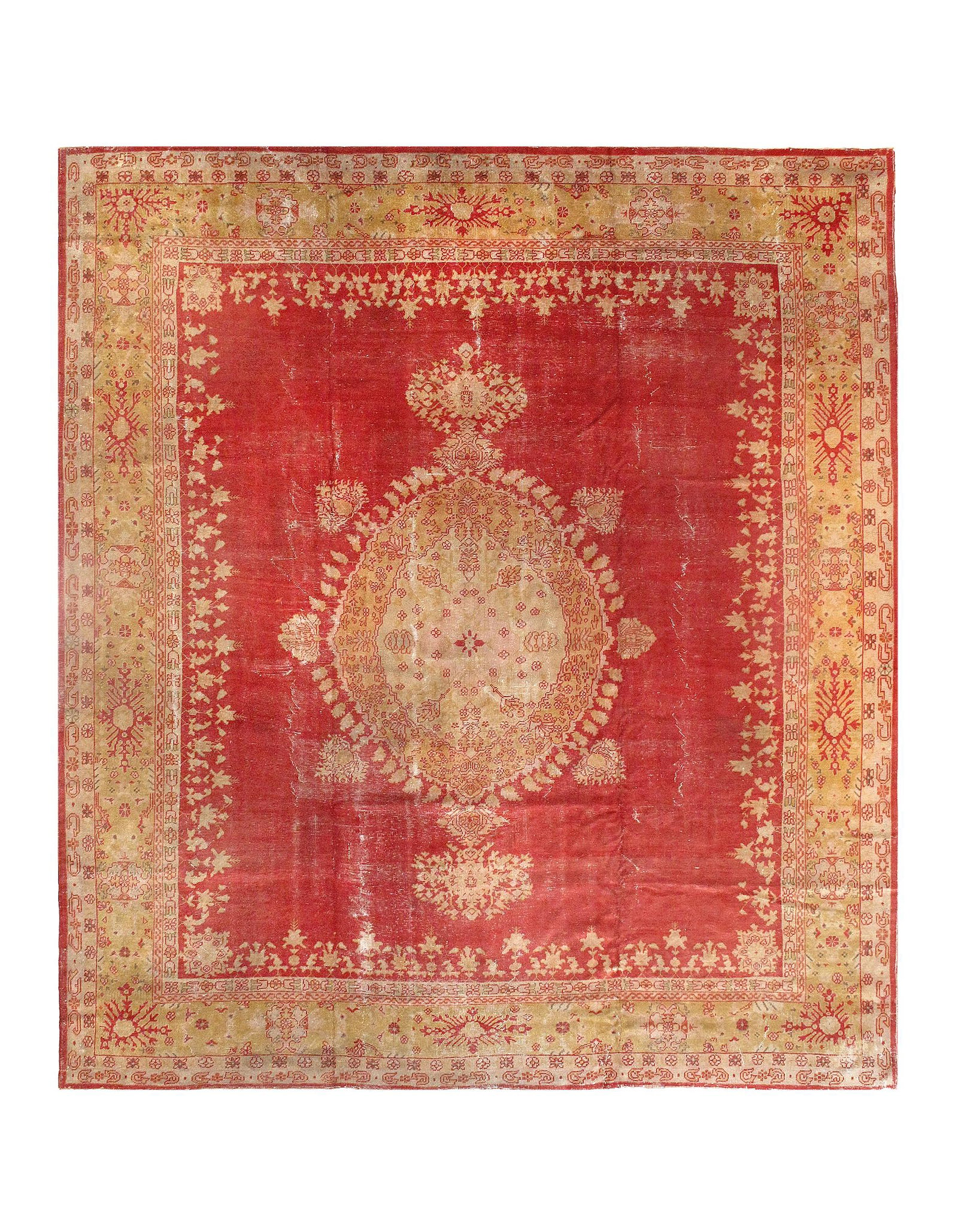 Antique Turkish Oushak Rug -11'10" × 13'7": Acquired from the President's Guest House, commonly known as Blair House. Red and Tan Antique Turkish Oushak Hand-Knotted Rug - 11'10" × 13'7". Antique Circa 1880 Hand-Knotted Wool 300-E05503-862. Th
