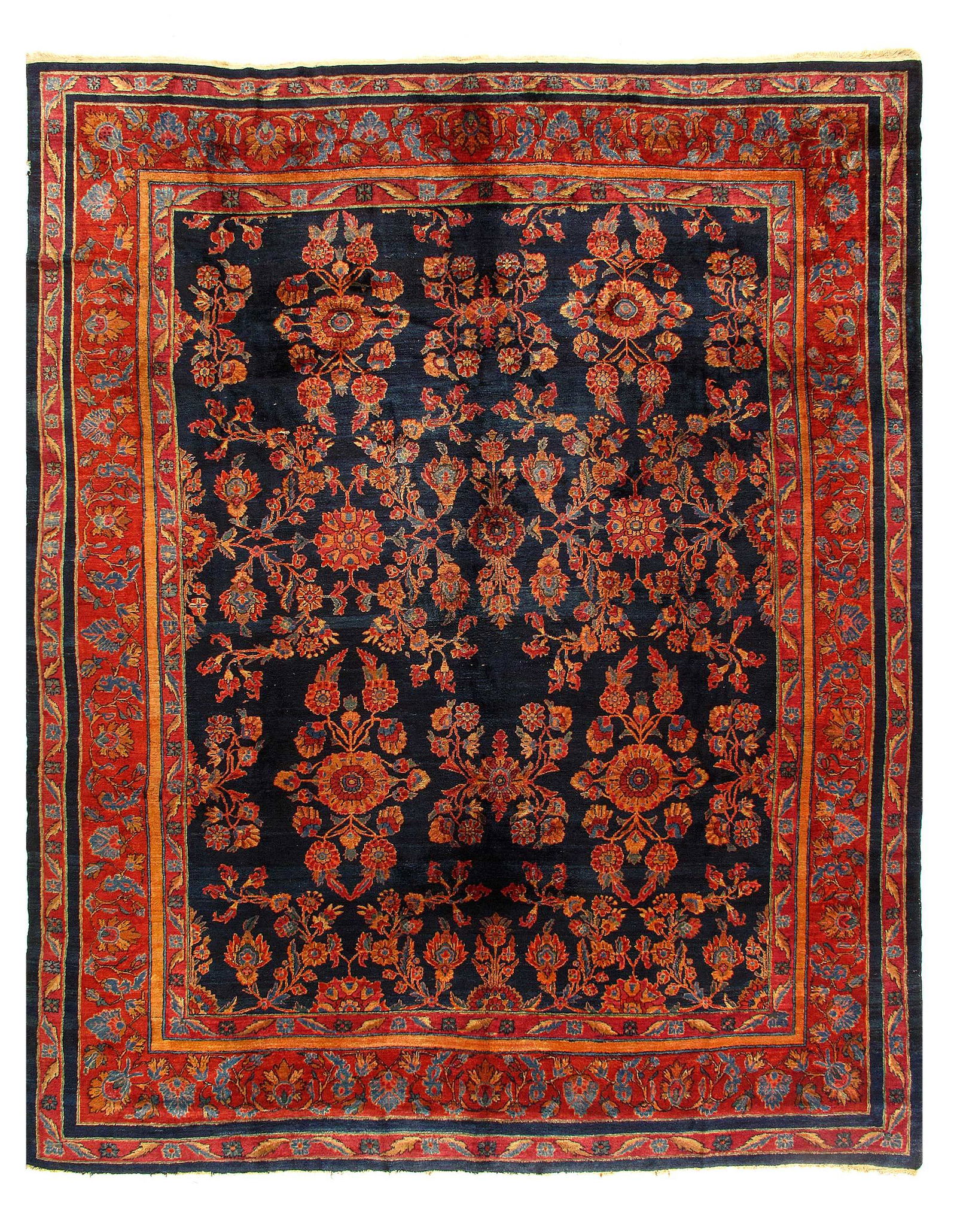 Persian Antique sarouk Mohajeran 10' X 12'4'': Navy Blue Antique Persian Sarouk Mohajeran Rug 10' X 12'4'' Late Nineteenth Century Antique Lamb's Wool Hand-Knotted 300-E08646-862 This item is part of our fine auction collection which includes many