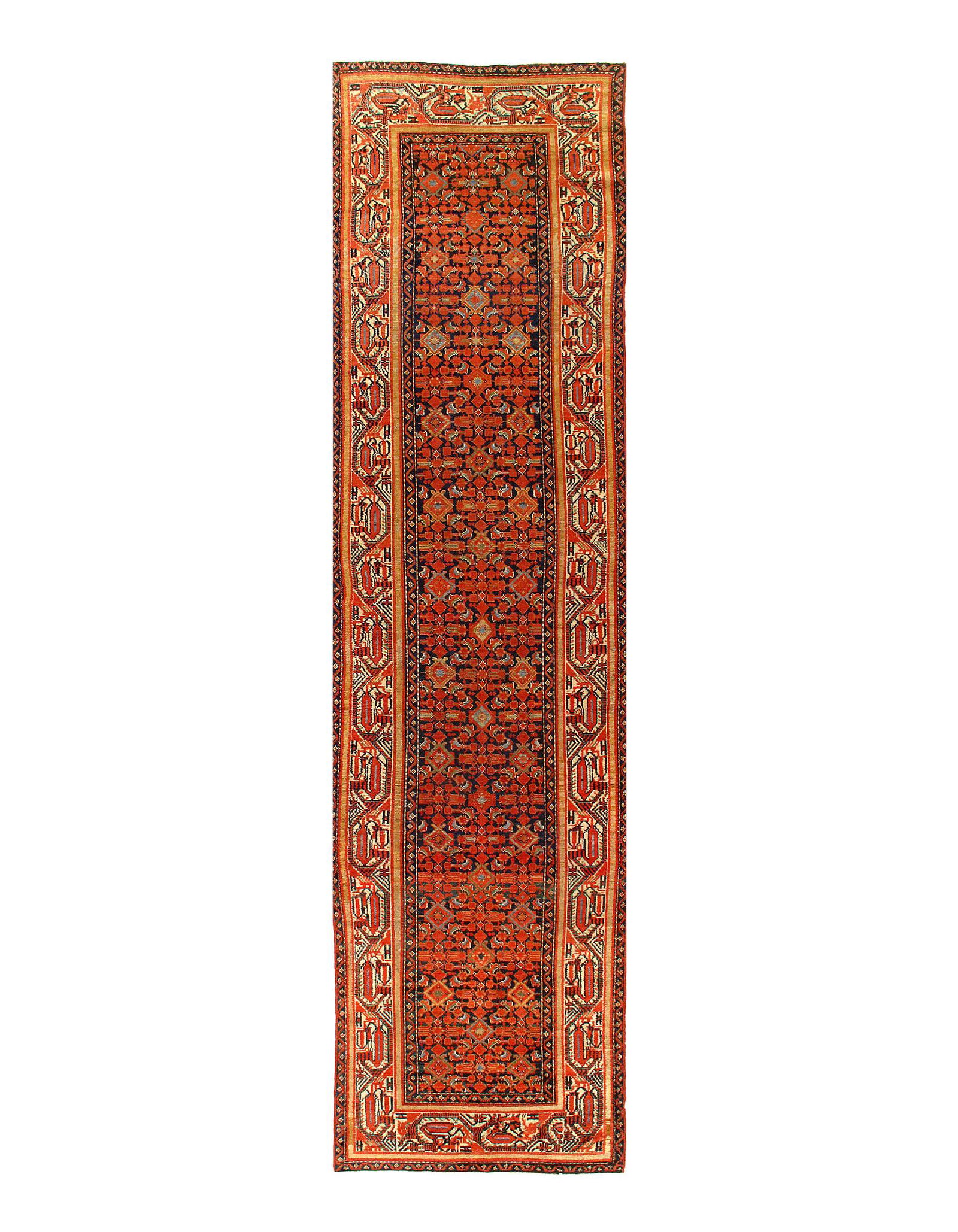 Persian Antique Malayer Runner 3'3'' X 13'2'': Rust Antique Malayer runner 3'.3'' X 13'.2'' circa 1900 Runner Lamb's Wool Hand-Knotted 300-E07410-862 This item is part of our fine auction collection which includes many fine home accessories includ