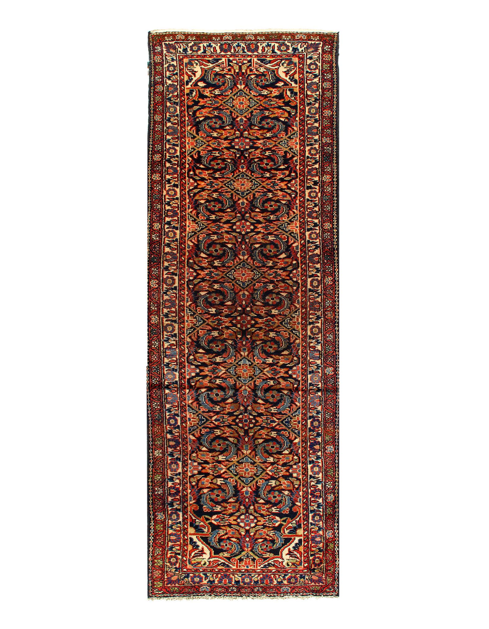 Persian Antique Hamadan Runner 3'4'' X 10'4'': Navy Blue Fine Hand Knotted Hamadan Runner 3'4'' X 10'4'' Circa 1960 Antique Lamb's Wool Hand-Knotted 300-36904-862 This item is part of our fine auction collection which includes many fine home acces