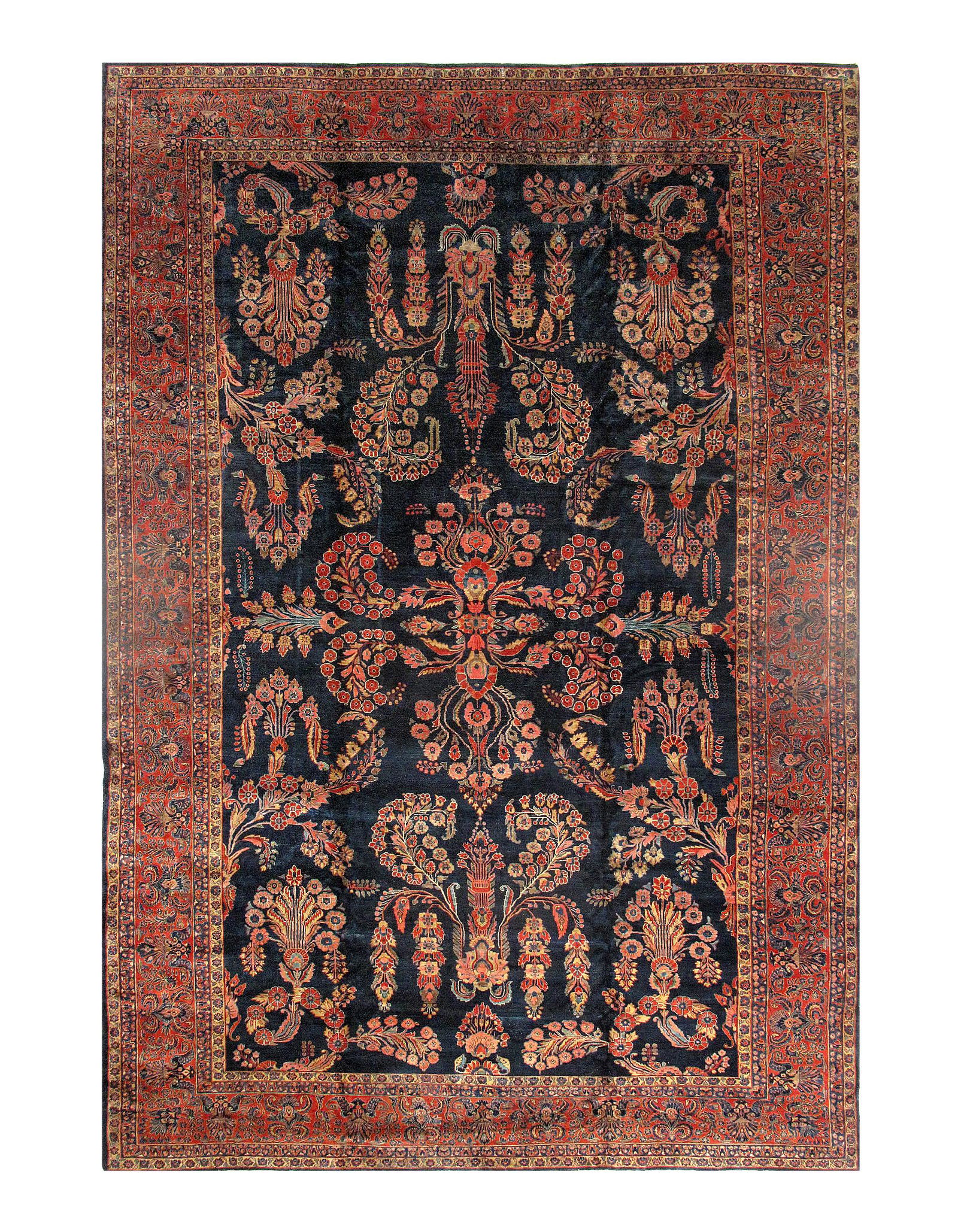 Persian Antique Mohajeran sarouk 12' X 18'9'': Navy Antique Mohajeran Sarouk 12' X 18'9" circa 1900 Antique Lamb's Wool Hand-Knotted 300-E04152-862 This item is part of our fine auction collection which includes many fine home accessories includin