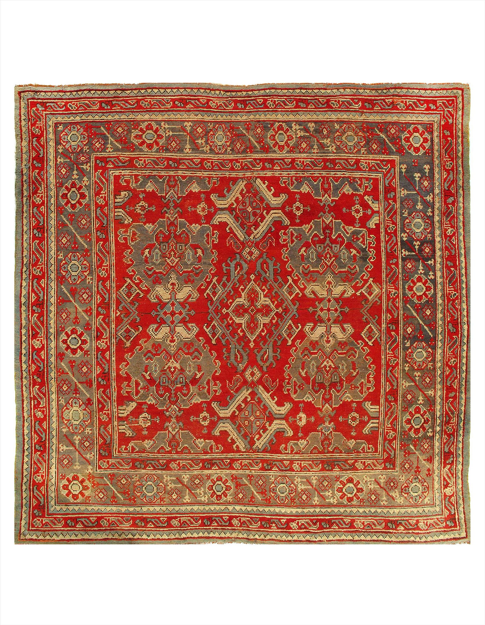 Red Square Antique Turkish Oushak 9'3'' X 9'4'': Red Square Antique Turkish Oushak 9'3'' X 9'4'' Antique Wool on Wool Hand-Knotted 300-E07018-862 This item is part of our fine auction collection which includes many fine home accessories including an