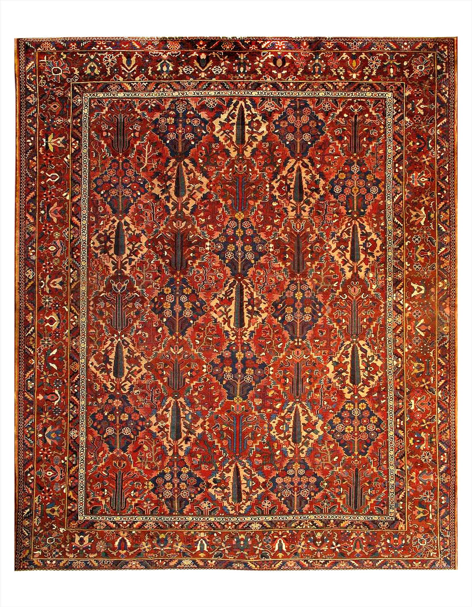 Red Persian Antique Bakhtiari 12'2'' x 14'9'': Red Persian Antique Bakhtiari 12'2'' x 14'9'' - Circle 1930 - Antique - Lamb's Wool - Hand-Knotted - 300-54105-862 - This item is part of our fine auction collection which includes many fine home acce