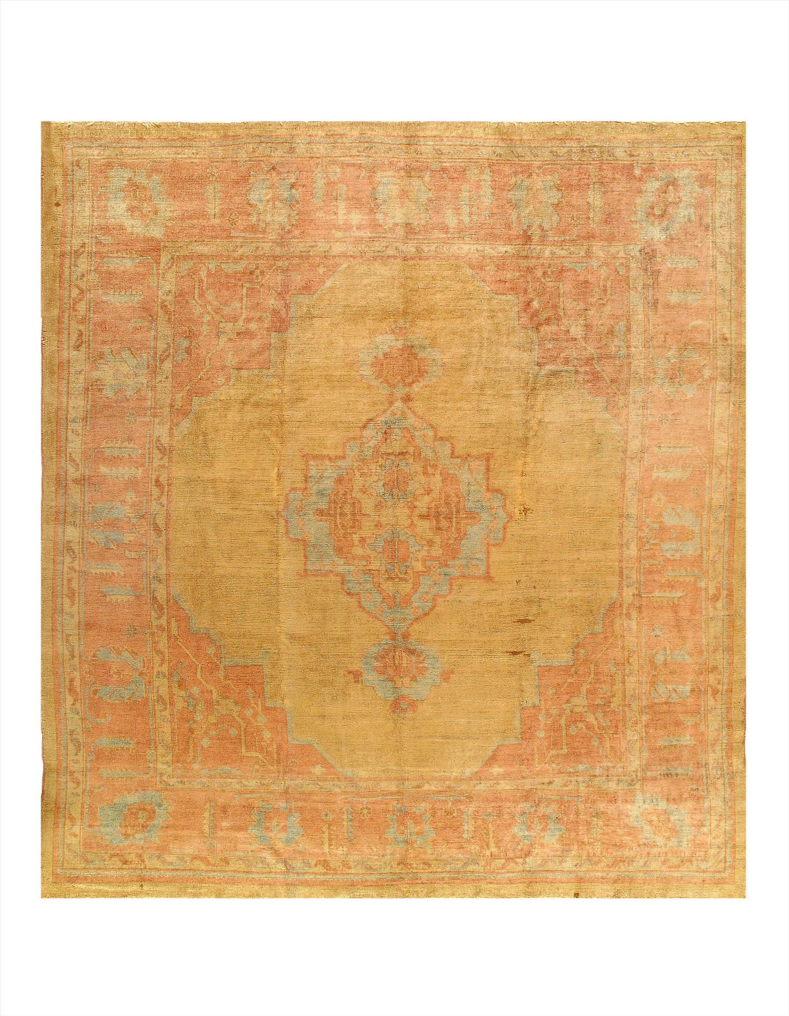 Turkish Antique Oushak 10'2'' X 11'6'': Gold Antique Turkish Oushak 10'2" X 11'6" - Circa 1880, Antique, Hand-Knotted, Wool on Wool, 300-E08692-862, This item is part of our fine auction collection which includes many fine home accessories