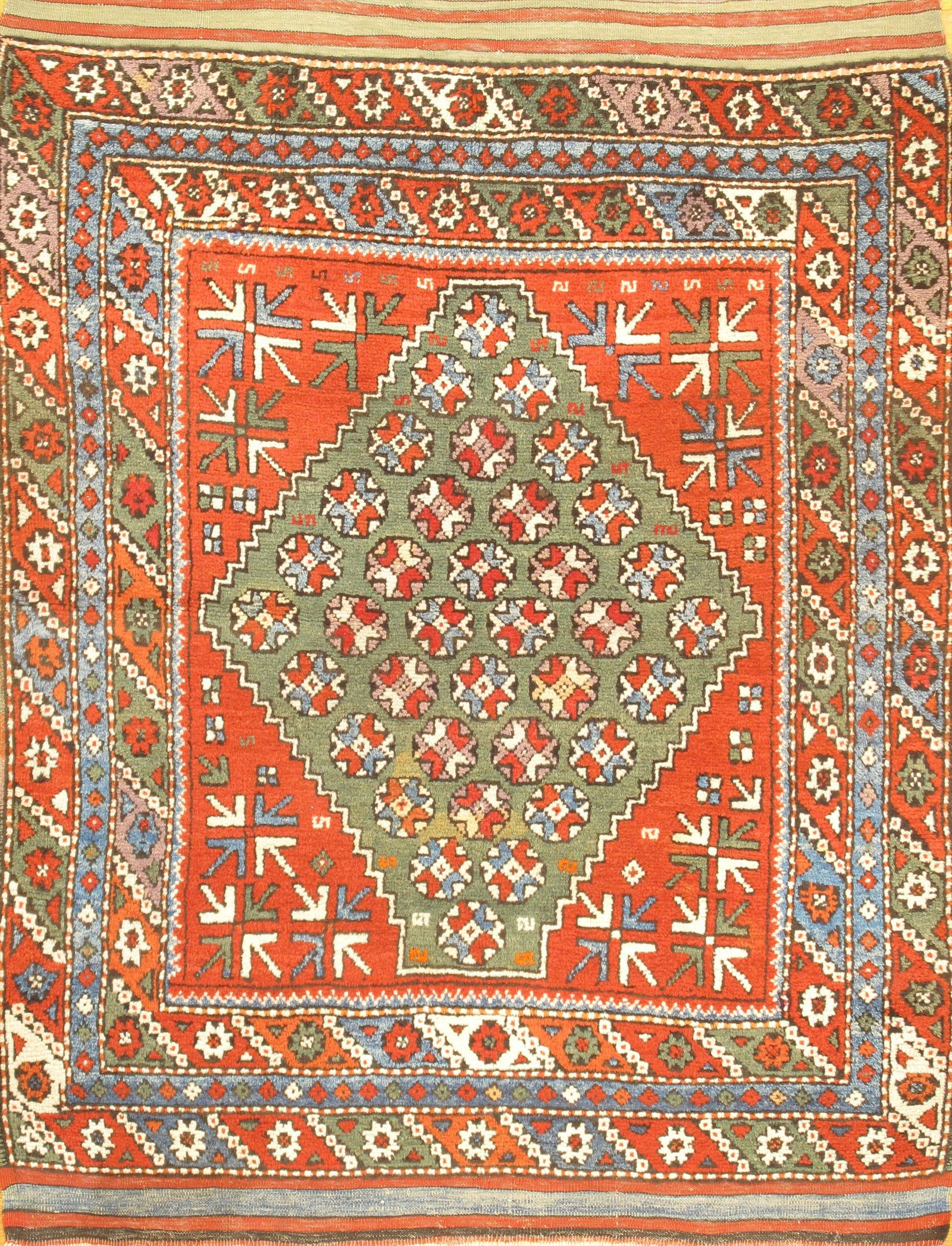 Turkish Antique Kazak rug 3'11'' X 5'1'': Green Turkish Kazak Rug 3'.11'' X 5'.1'' - circa 1940, Traditional, Hand-Knotted, Lamb's Wool, 300-E07783-862, This item is part of our fine auction collection which includes many fine home accessorie
