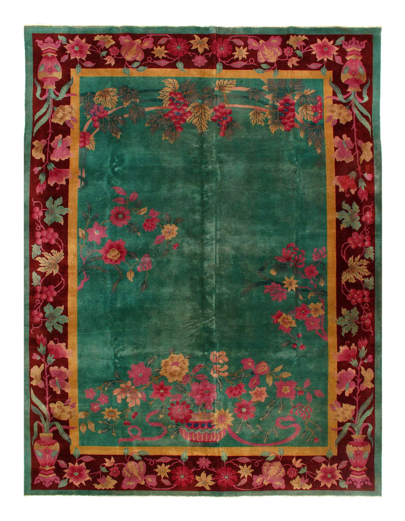 Green Color Fine Hand Knotted Antique Chinese Art Deco: Green Color Fine Hand Knotted Antique Chinese Art Deco 8'7'' X 11'6'' - Early 20th Century, Antique, Hand-Knotted, Lamb's Wool, 300-D11653-862. This item is part of our fine auction collection which i