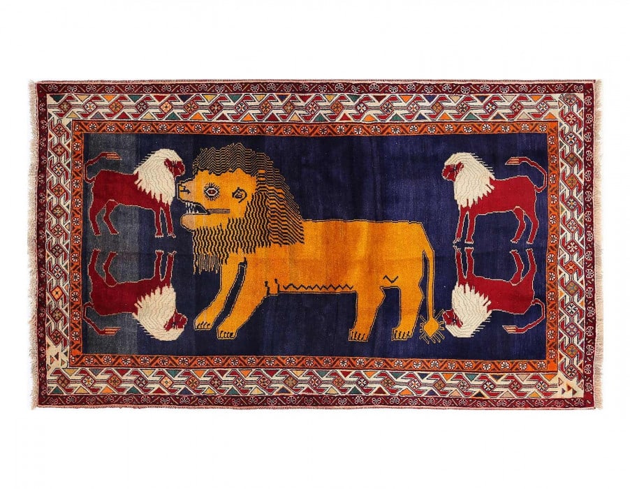 Contemporary Handmade Persian Shiraz Pictorial Lion Rug 3'9'' X 6'6'': Contemporary Handmade Persian Shiraz Pictorial Lion Rug 3'9'' X 6'6'' - 2020, Shiraz, Hand-Knotted, Lamb's Wool, 300 -D13886- 862.This item is part of our fine auction collection which includes many f