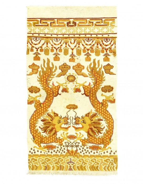 Ivory color Antigue Chinese Dragon Rug 3' X 5'5'': Ivory color Antigue Chinese Dragon Rug 3' X 5'5'' - Early 20th Century, Art Deco, Hand-Knotted, Lamb's Wool, 300 -D11503- 862.This item is part of our fine auction collection which includes many fine 