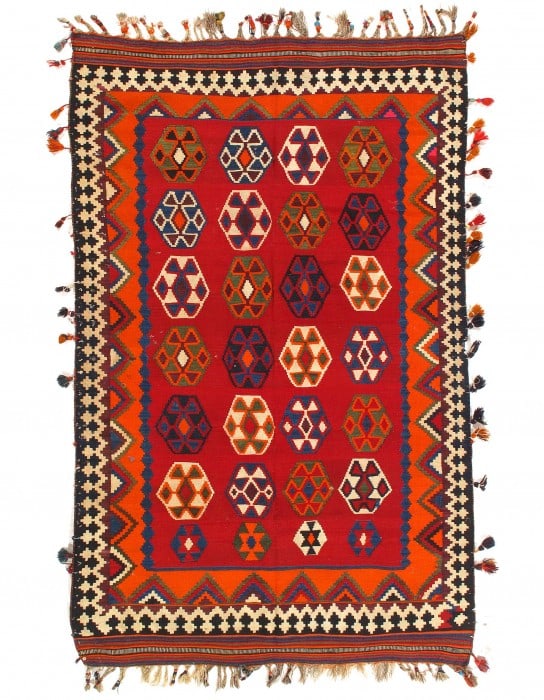 Red Persian Shiraz kilim 4'9'' X 7'11'': Red Persian Shiraz kilim 4'9'' X 7'11'' - Circa 1950, Shiraz, Flatweave, Lamb's Wool, 300 -16180- 862.This item is part of our fine auction collection which includes many fine home accessories includi