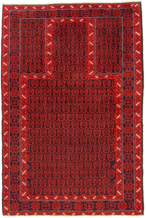 Red Balouchi Prayer Rug 3' x 5': Red Balouchi Prayer Rug 3' x 5' - , Baluch, Hand-Knotted, Lamb's Wool, 300 -D08742- 862.This item is part of our fine auction collection which includes many fine home accessories including antique rug