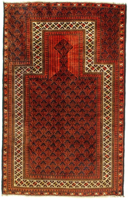 Rust Balouchi Prayer Rug 3' x 5': Rust Balouchi Prayer Rug 3' x 5' - , Baluch, Hand-Knotted, Lamb's Wool, 300 -D08740- 862.This item is part of our fine auction collection which includes many fine home accessories including antique ru
