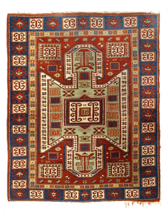 Fine Hand Knotted Antique kazak 4'4'' X 5'3'': Fine Hand Knotted Antique kazak 4'4'' X 5'3'' - 1950, Kazak, Hand-Knotted, Lamb's Wool, 300 -D12453- 862.This item is part of our fine auction collection which includes many fine home accessories incl