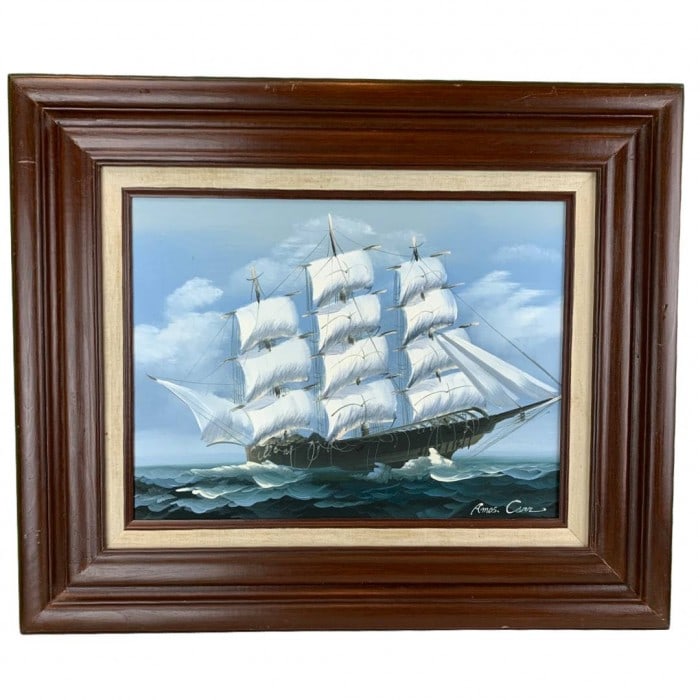 Vintage Oil Painting on Canvas Full Sail Open Ocean: Vintage Oil Painting on Canvas Full Sail Open Ocean - 1970, Modern, Hand-made, Wooden, 300 -D12170- 862.This item is part of our fine auction collection which includes many fine home accessories inclu