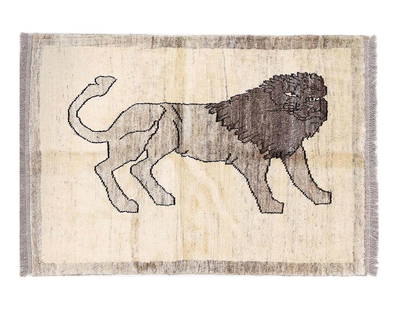 Handmade Persian Gabbeh Pictorial Lion Accent 3'4"X 5': Handmade Persian Gabbeh Pictorial Lion Accent 3'4"X 5' - NEW, Gabbeh, Hand-Knotted, Lamb's Wool, 300 -D13798- 862.This item is part of our fine auction collection which includes many fine home