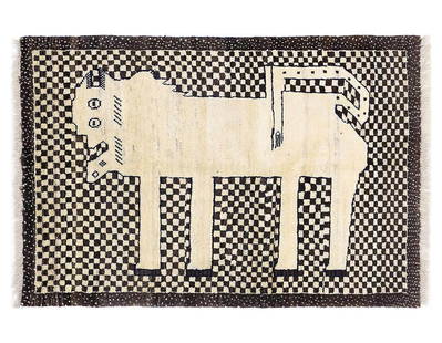 Handmade Persian Gabbeh Pictorial Lion Accent 3'3"X 5': Handmade Persian Gabbeh Pictorial Lion Accent 3'3"X 5' - NEW, Shiraz, Hand-Knotted, Lamb's Wool, 300 -D13799- 862.This item is part of our fine auction collection which includes many fine home
