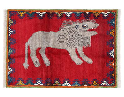 Handmade Persian Gabbeh Pictorial Lion Accent 3'1'X 4'5': Handmade Persian Gabbeh Pictorial Lion Accent 3'1'X 4'5' - NEW, Animal, Hand-Knotted, Lamb's Wool, 300 -D13814- 862.This item is part of our fine auction collection which includes many fine home