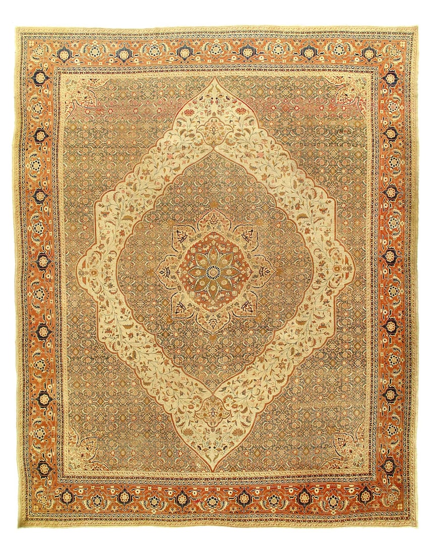 Ivory Persian Antique Tabriz Haji Jalili 10'x13': Ivory Persian Antique Tabriz Haji Jalili 10'x13' - circa 1880, Tabriz Hadji Jalili, Hand-Knotted, Lamb's Wool, 300 -D14571- 862.This item is part of our fine auction collection which includes many fin