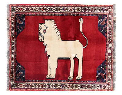 Handmade Persian Gabbeh Pictorial Lion Accent 4'X 5': Handmade Persian Gabbeh Pictorial Lion Accent 4'X 5' - NEW, Shiraz, Hand-Knotted, Lamb's Wool, 300 -D13689- 862.This item is part of our fine auction collection which includes many fine home