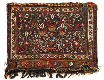 Persian Antique Saddle Bag 1'7'' X 2'1'': Persian Antique Saddle Bag 1'7'' X 2'1'' - Circa 1950s, Shiraz, Hand-Knotted, Lamb's Wool, 300 -D11918- 862.This item is part of our fine auction collection which includes many fine home accessories