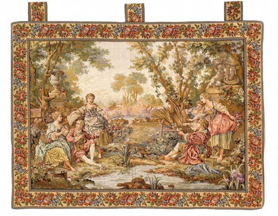 Genre Tapestry Landscape Romantic Vintage 3'5'' X 3'6'': Genre Tapestry Landscape Romantic Vintage 3'5'' X 3'6'' - Circa 1970, French, Hand-Loomed, Flat Weave, 300 -D12061- 862.This item is part of our fine auction collection which includes many fine home a