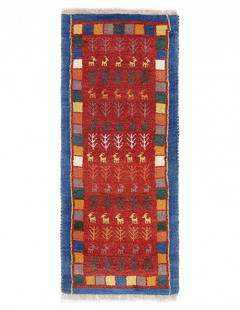 Red color Fine Hand knotted Persian Gabbeh runner 1'5'' X 3'9'': Red color Fine Hand knotted Persian Gabbeh runner 1'5'' X 3'9'' - New, Gabbeh, Hand-Knotted, Lamb's Wool, 300 -D13913- 862.This item is part of our fine auction collection which includes many fine hom