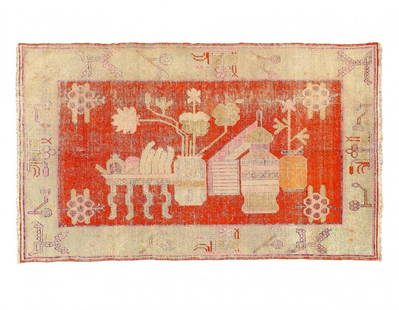 Fine Hand knotted Vintage Khotan rug 4'4'' X 7'1'': Fine Hand knotted Vintage Khotan rug 4'4'' X 7'1'' - circle 1940, Khotan, Hand-Knotted, Wool & Silk, 300 -D12152- 862.This item is part of our fine auction collection which includes many fine home acc
