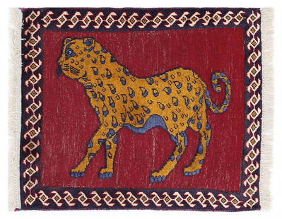 Red Hand Knotted Cheetah Design Persian Shiraz Rug 2'1"X 2'5": Red Hand Knotted Cheetah Design Persian Shiraz Rug 2'1"X 2'5" - NEW, Shiraz, Hand-Knotted, Lamb's Wool, 300 -D13744- 862.This item is part of our fine auction collection which includes many fine home