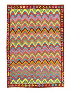 Reversible Kilim Flat Weave Wool On Wool Rug 6'7"x 9'7": Reversible Kilim Flat Weave Wool On Wool Rug 6'7"x 9'7" - NEW, Shiraz, Kilim, Lamb's Wool, 300 -D14224- 862.This item is part of our fine auction collection which includes many fine home accessories i