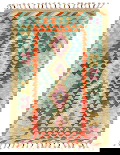 Reversible Kilim Flat Weave Wool On Wool 3'5"X 4'9": Reversible Kilim Flat Weave Wool On Wool 3'5"X 4'9" - NEW, Flat Weave, Hand-Woven, Lamb's Wool, 300 -D09922- 862.This item is part of our fine auction collection which includes many fine home accessor