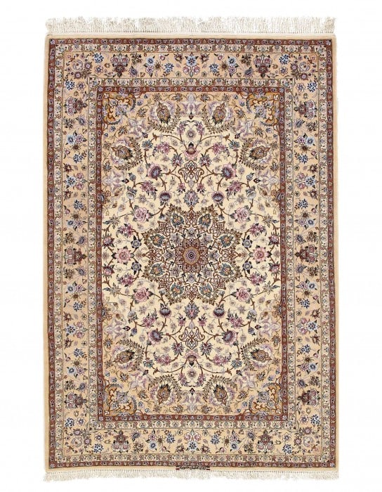 Ivory Persian silk & wool Isfahan 5'2" X 7'6": Ivory Persian silk & wool Isfahan 5'2" X 7'6" - New, Isfahan, Hand-Knotted, Wool & Silk, 300 -D09647- 862.This item is part of our fine auction collection which includes many fine home accessories inc