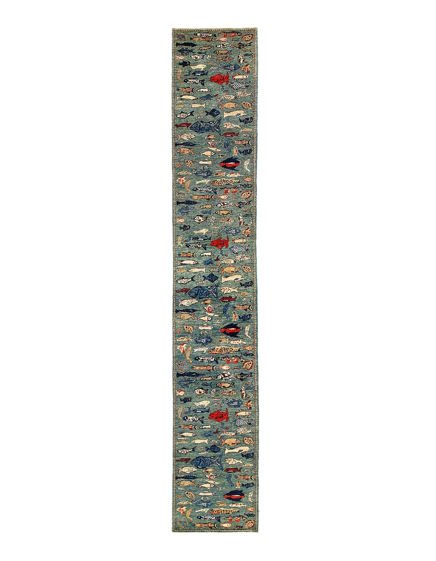 Fine hand Knotted Gabbeh Fish design runner 2'9"x 17'7": Fine hand Knotted Gabbeh Fish design runner 2'9"x 17'7" - Pakistan, Gabbeh, Hand-Knotted, Lamb's Wool, 300 -D14507- 862.This item is part of our fine auction collection which includes many fine home a