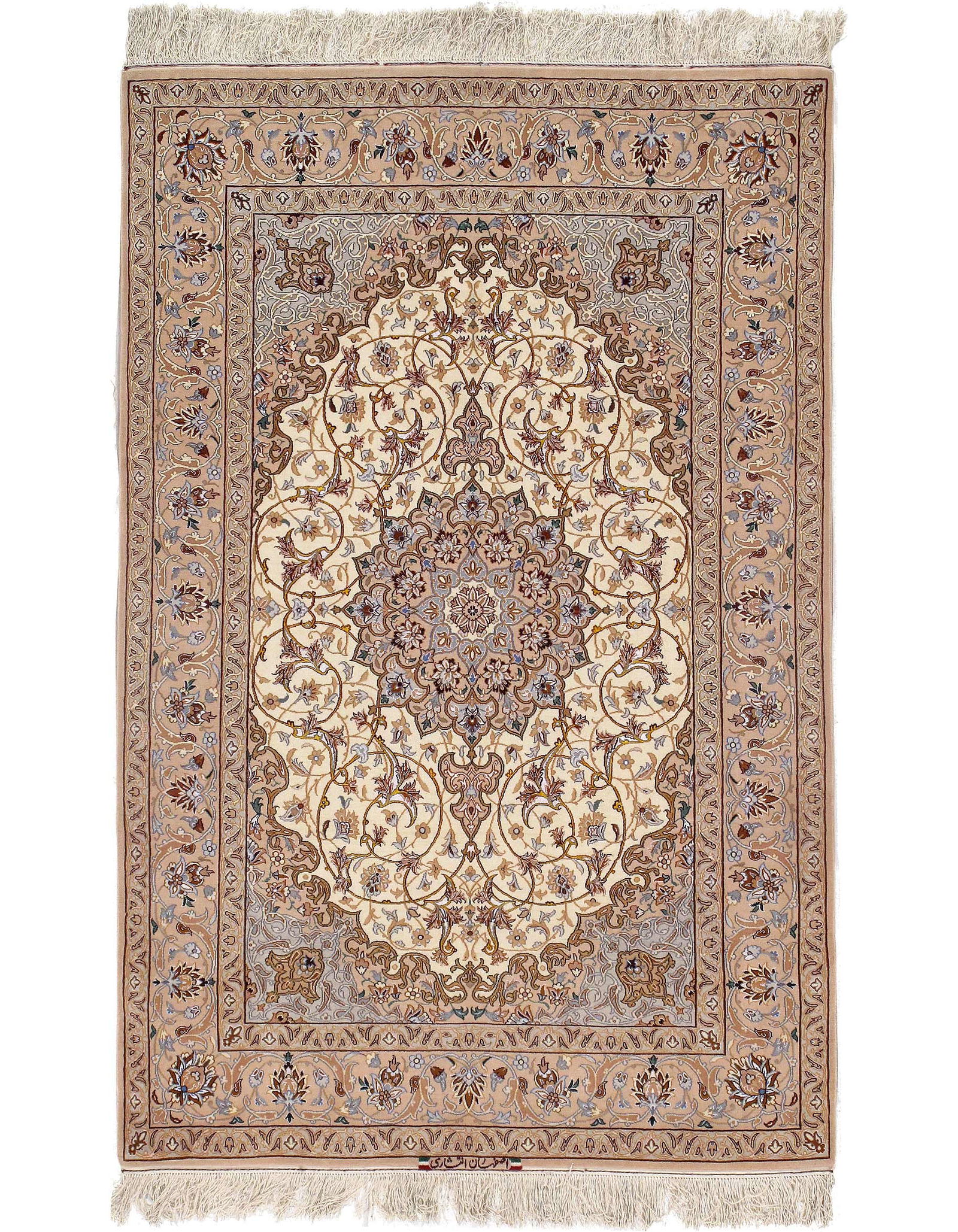 Ivory Persian Isfahan silk & wool 3'8" X 5'9": Ivory Persian Isfahan silk & wool 3'8" X 5'9" - New, Isfahan, Hand-Knotted, Wool & Silk, 300 -D09650- 862.This item is part of our fine auction collection which includes many fine home accessories inc