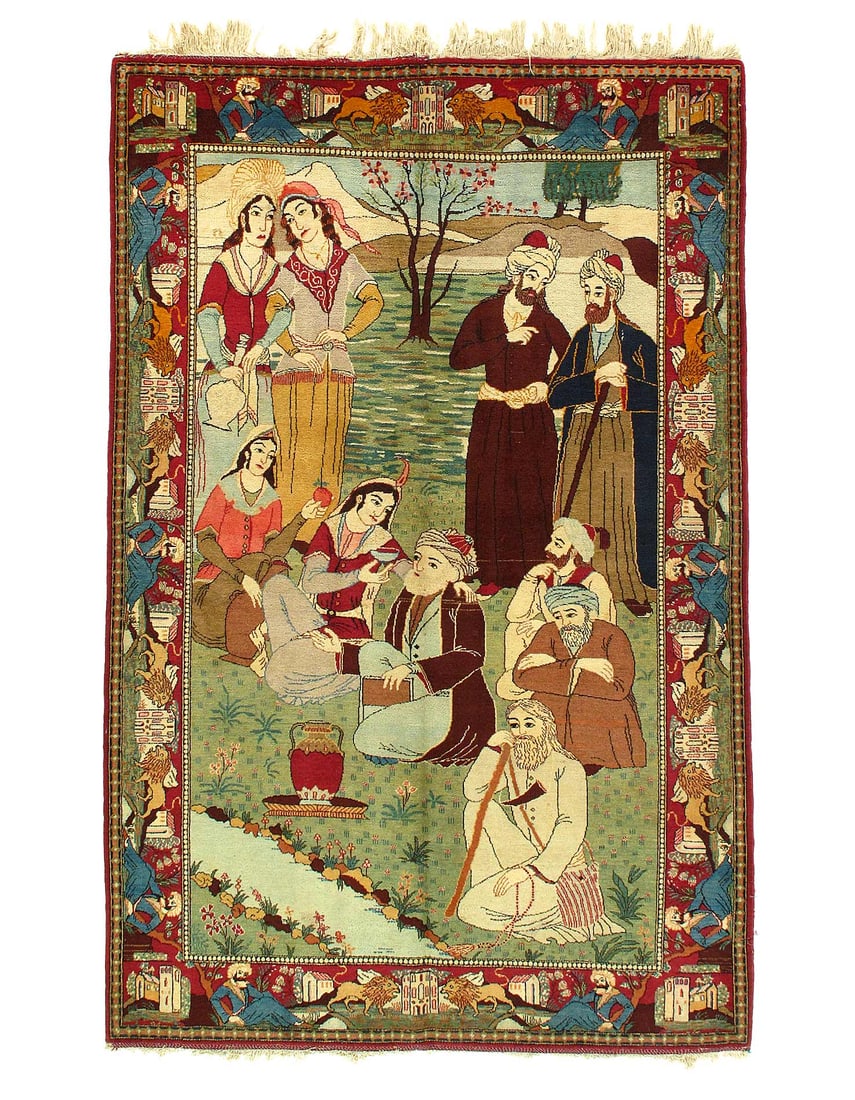 Persian Antique Kashan Omar Khayyam Pictorial Hand Knotted Rug 4'4'' X 7': Persian Antique Kashan Omar Khayyam Pictorial Hand Knotted Rug 4'4'' X 7' - circa 1930, Kashan, Hand-Knotted, Lamb's Wool, 300 -51901- 862.This item is part of our fine auction collection which includ