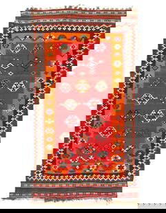 Red Vintage Persian Reversible Kilim Flat Weave 4'6'' X 7'11'': Red Vintage Persian Reversible Kilim Flat Weave 4'6'' X 7'11'' - Circa 1920, Shiraz, Flatweave, Flat Weave, 300 -52851- 862.This item is part of our fine auction collection which includes many fine ho