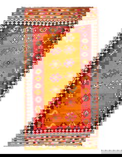 Gold Color Fine Hand Knotted Shiraz Kilim Rug 4'7'' X 9'5'': Gold Color Fine Hand Knotted Shiraz Kilim Rug 4'7'' X 9'5'' - Circa 1970, Shiraz, Hand-Knotted, Flat Weave, 300 -20314- 862.This item is part of our fine auction collection which includes many fine ho