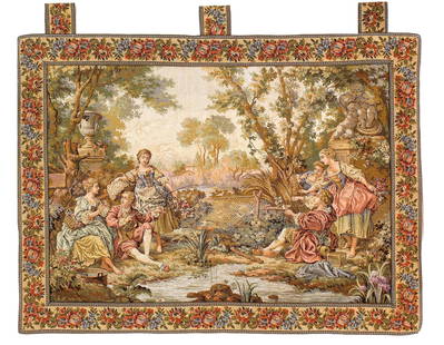Genre Tapestry Landscape Romantic Vintage 3'5'' X 3'6'': Genre Tapestry Landscape Romantic Vintage 3'5'' X 3'6'' - Circa 1970, French, Hand-Loomed, Flat Weave, 300 -D12061- 862.This item is part of our fine auction collection which includes many fine home a