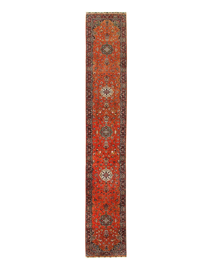 Fine Hand knotted silk & wool 70 raj Tabriz runner 2'6"x 16'7": Fine Hand knotted silk & wool 70 raj Tabriz runner 2'6"x 16'7" - CIRCA 1980, Tabriz, Hand-Knotted, Wool & Silk, 300 -D14581- 862.This item is part of our fine auction collection which includes many fi