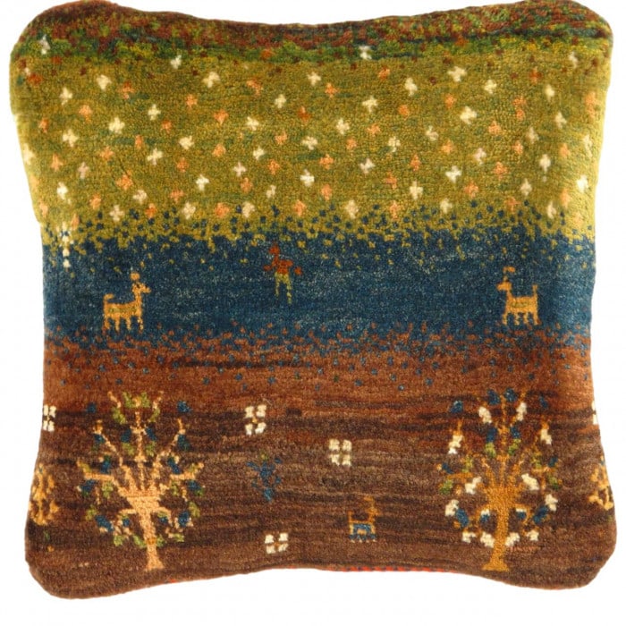 Multi color hand knotted Persian Gabbeh pillow 15' X 16': Multi color hand knotted Persian Gabbeh pillow 15' X 16' - New, Gabbeh, Handmade , Lamb's Wool, 300 -PG 105- 862.This item is part of our fine auction collection which includes many fine home accessor