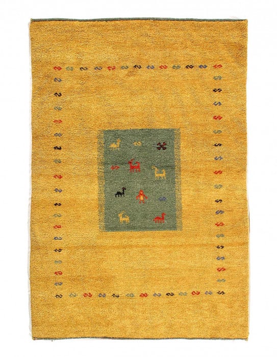 Gold Hand Knotted Gabbeh Rug 4'x 6': Gold Hand Knotted Gabbeh Rug 4'x 6' - NEW, Gabbeh, Hand-Knotted, Lamb's Wool, 300 -D14896- 862.This item is part of our fine auction collection which includes many fine home accessories including anti