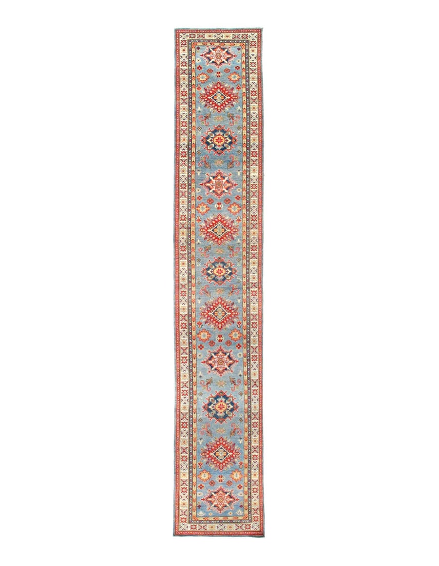 Light Blue Hand knotted kazak Runner 2'9'' X 15'11'': Light Blue Hand knotted kazak Runner 2'9'' X 15'11'' - New, Kazak, Hand-Knotted, Lamb's Wool, 300 -D15234- 862.This item is part of our fine auction collection which includes many fine home accessorie