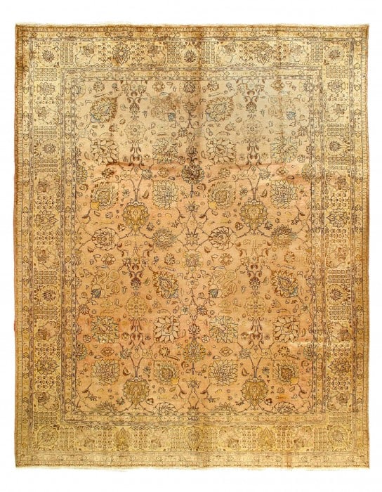 Light Peach Fine Hand Knotted Vintage Tabriz 9'7'' X 12'4'': Light Peach Fine Hand Knotted Vintage Tabriz 9'7'' X 12'4'' - Circa 1960, Tabriz, Hand-Knotted, Lamb's Wool, 300 -26025- 862.This item is part of our fine auction collection which includes many fine