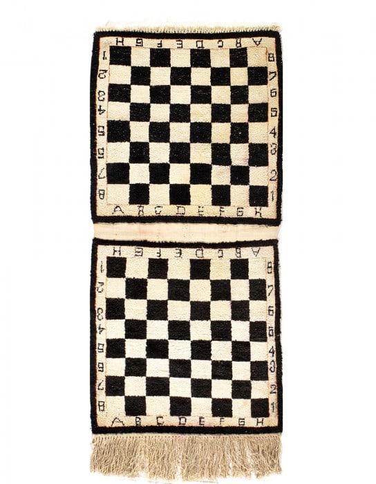 Ivory & Black Persian Tabriz pair All silk checkered Design 1'6"x 3'2" (1 of 3)
