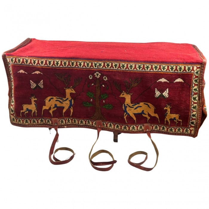Antique Persian shiraz Mafrash Cargo Bag 1'4''' x 4': Antique Persian shiraz Mafrash Cargo Bag 1'4''' x 4' - 1900, Shiraz, Hand-Knotted, Lamb's Wool, 300 -D01896- 862.This item is part of our fine auction collection which includes many fine home accessor