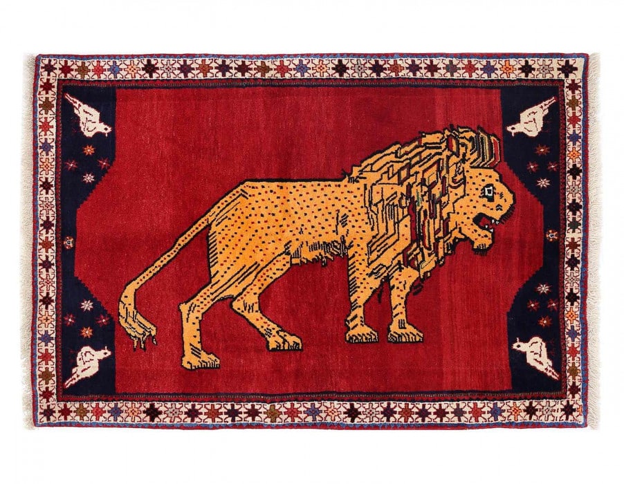 Animal Pictorial lion Shiraz Persian Hand Knotted Wool rug 3'5'' X 5' (1 of 4)