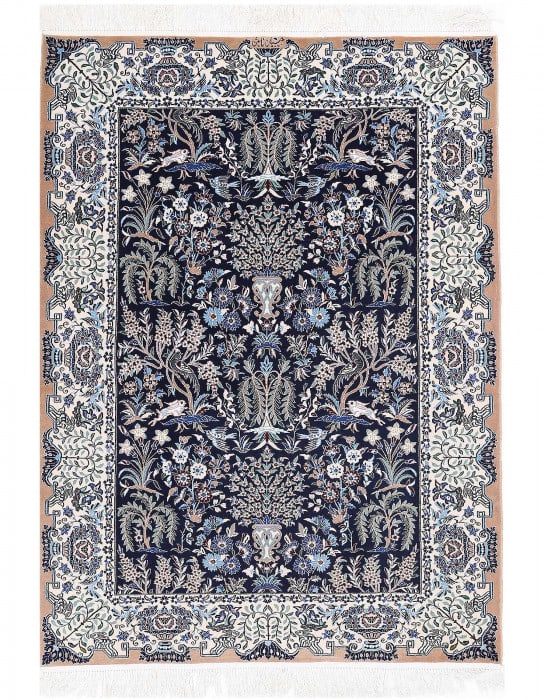 Navy Blue Fine Hand knotted Persian silk & wool Nain 3'7'' X 4'11'' (1 of 4)